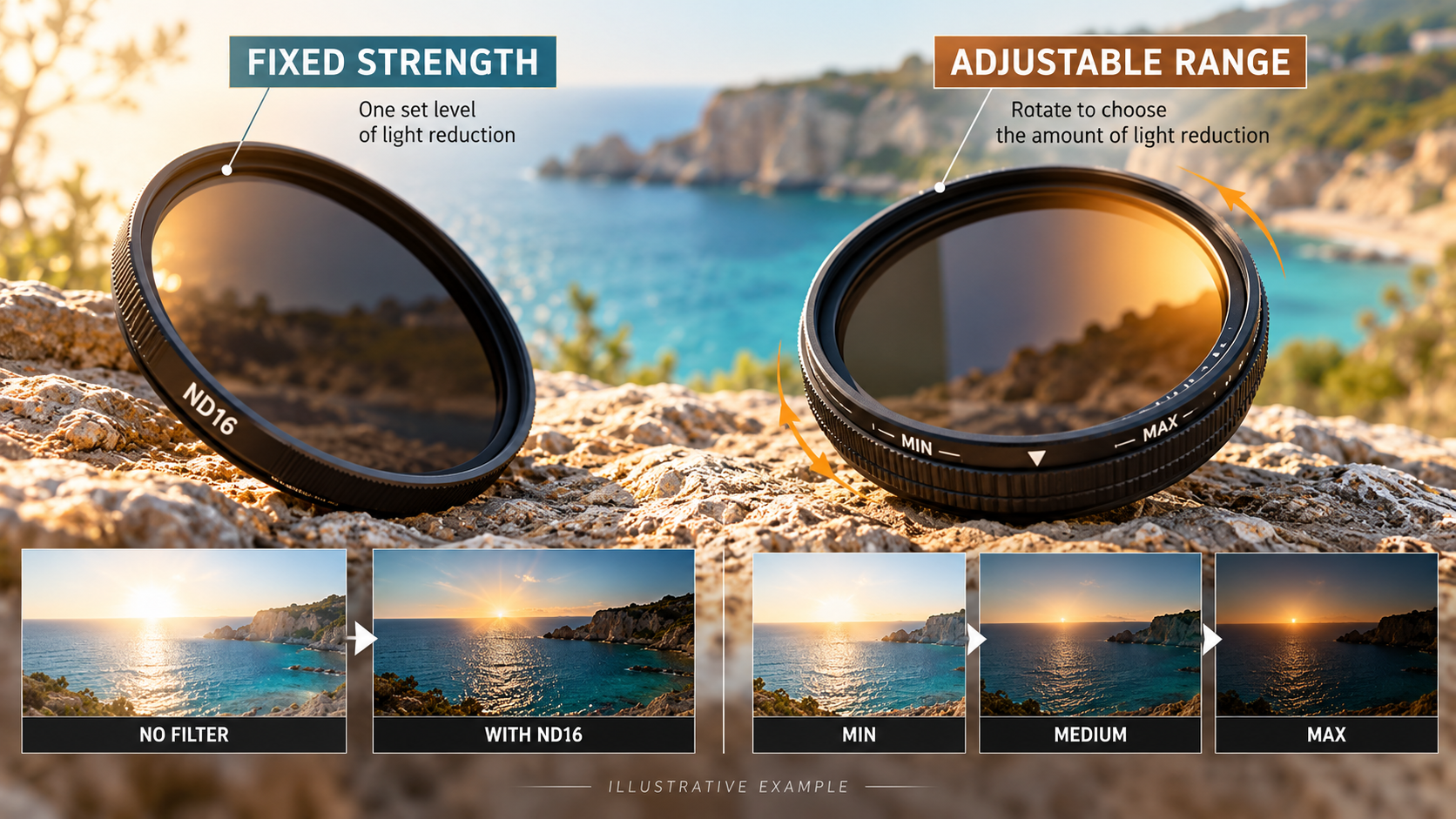 Fixed neutral density filter and adjustable variable ND filter shown side by side.