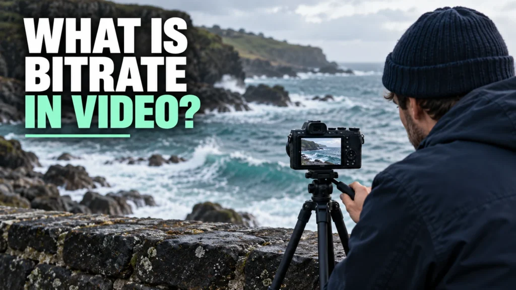 Videographer recording moving seawater with a tripod-mounted camera on a coastal promenade.