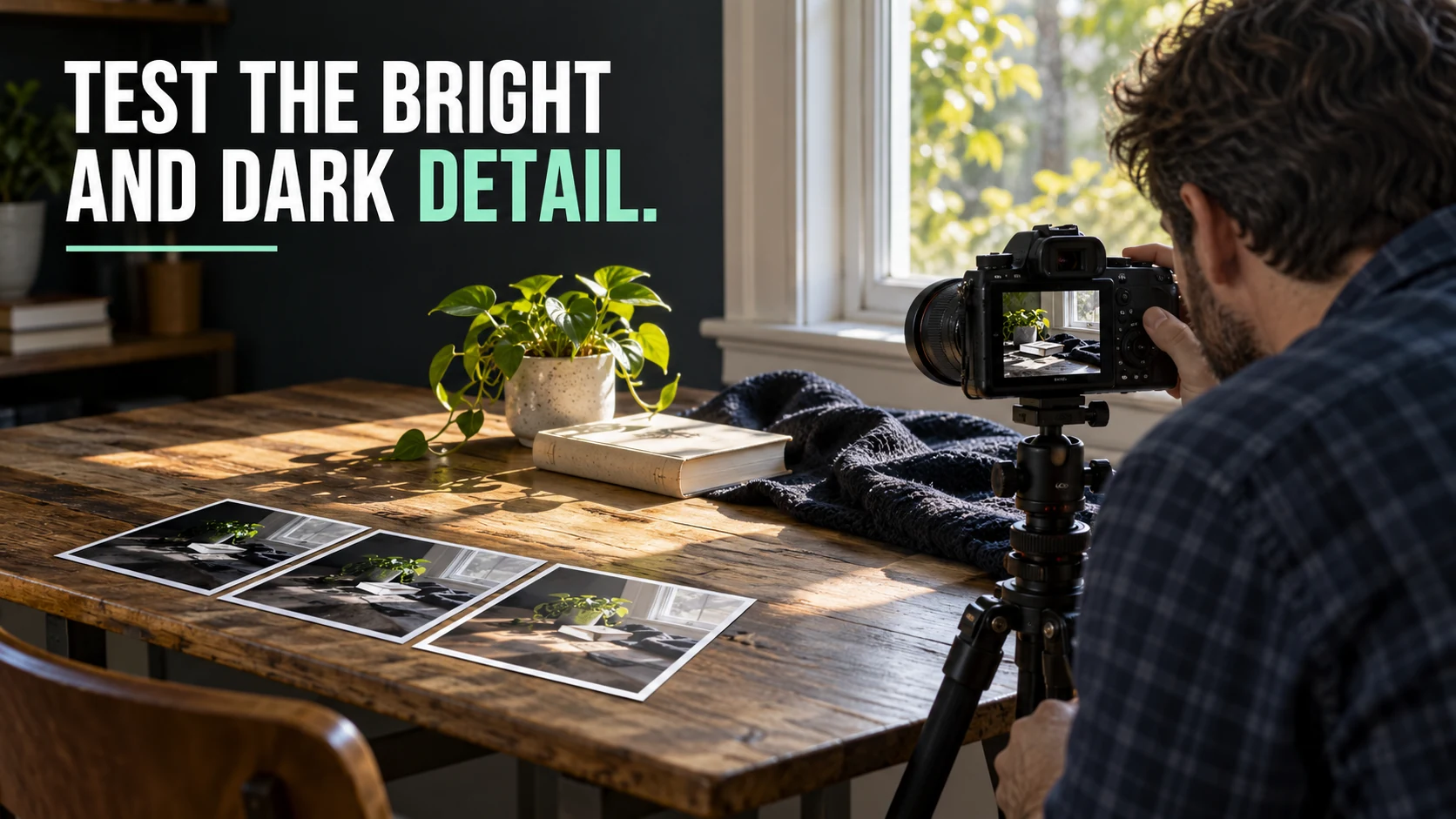 dynamic range in cameras. Photographer preparing a window-light test with a plant, light book and dark fabric.