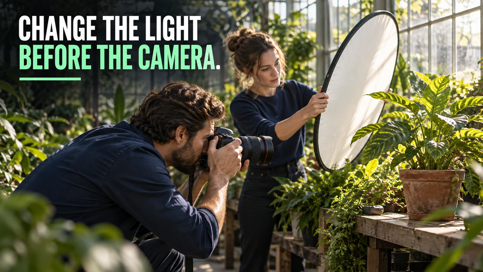 Photographer and assistant using a reflector to brighten a shaded plant near a window.