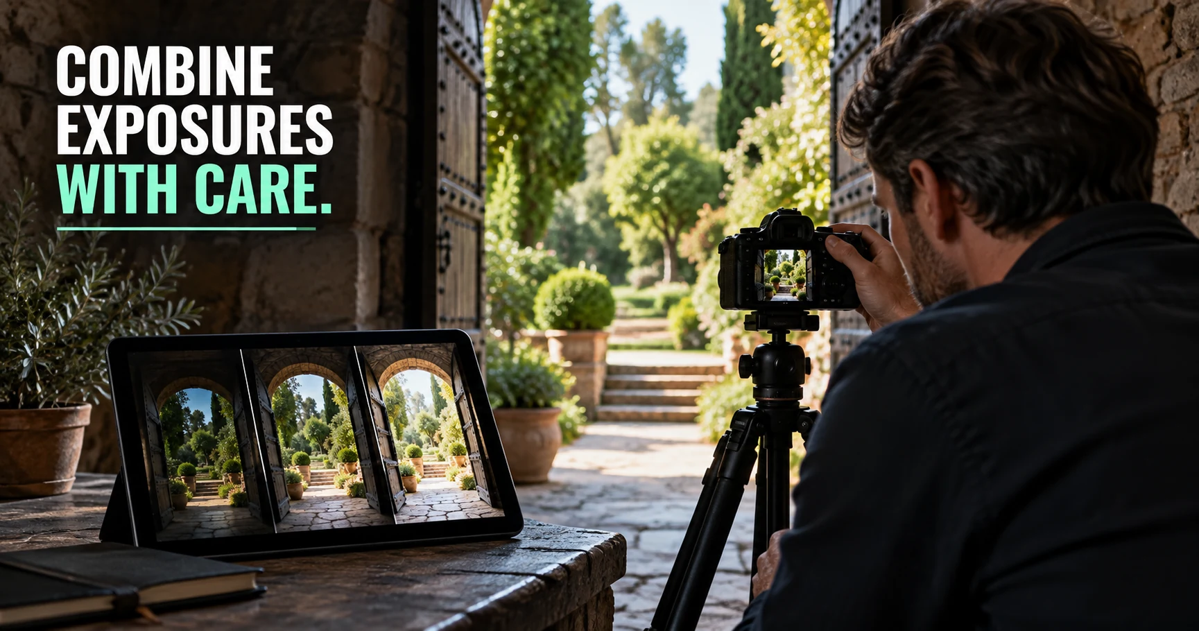 Photographer preparing bracketed exposures of a shaded doorway and bright garden.