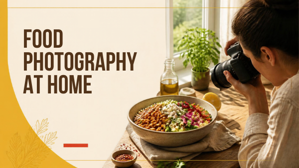 Food Photography. Photographer photographing a bowl of food beside a bright kitchen window.