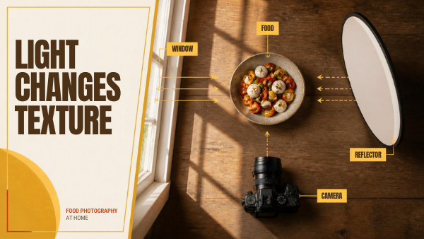 Food Photography. Illustrative overhead setup showing food, a camera, window light and a reflector.