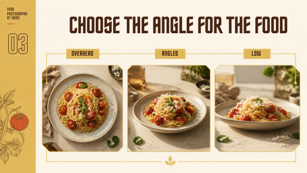 Three illustrative views of a pasta dish from overhead, an angle and a low viewpoint.