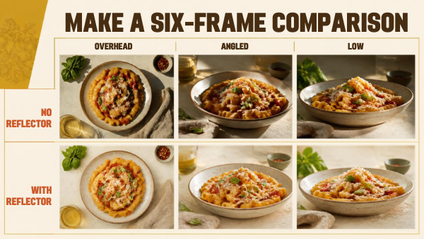 Illustrative six-frame food comparison across three viewpoints with and without a reflector.