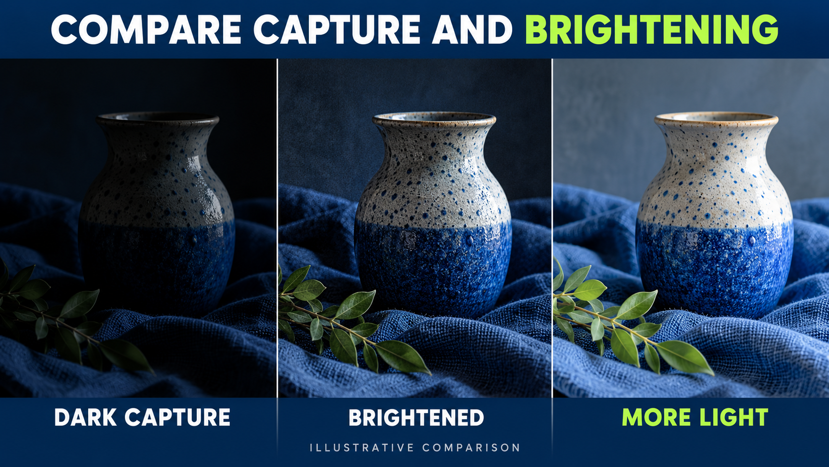 Illustrative ceramic still life shown as a dark capture, brightened rendering and a better-lit scene.