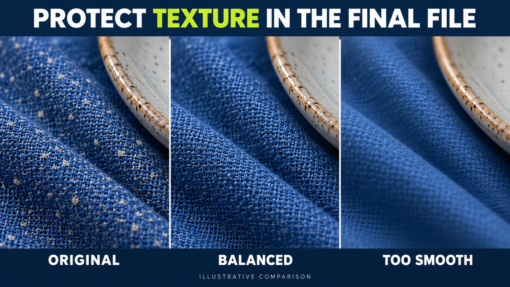 Illustrative fabric-detail comparison showing original, balanced and excessive smoothing.