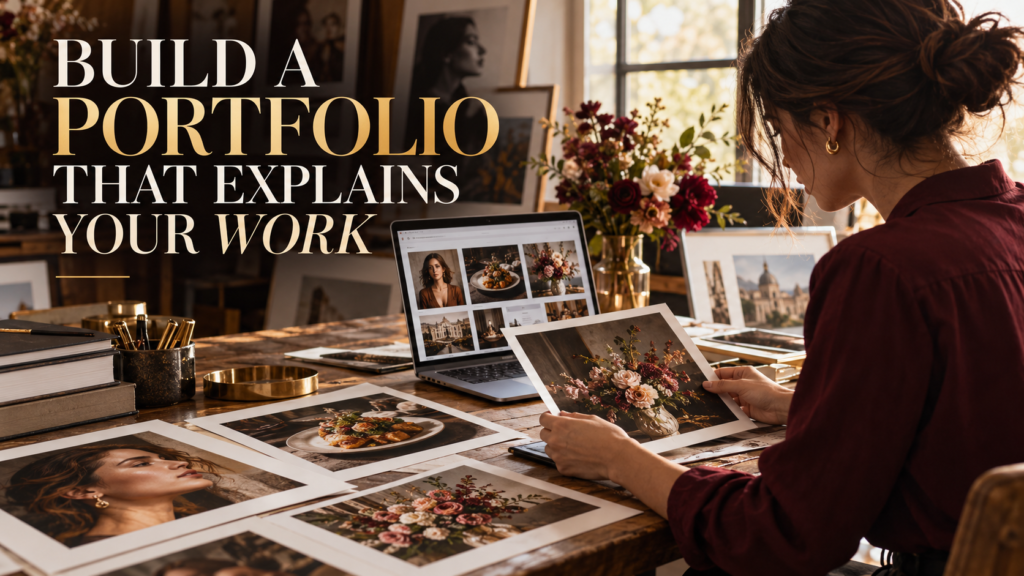 Creative arranging completed photographs while reviewing a portfolio page.