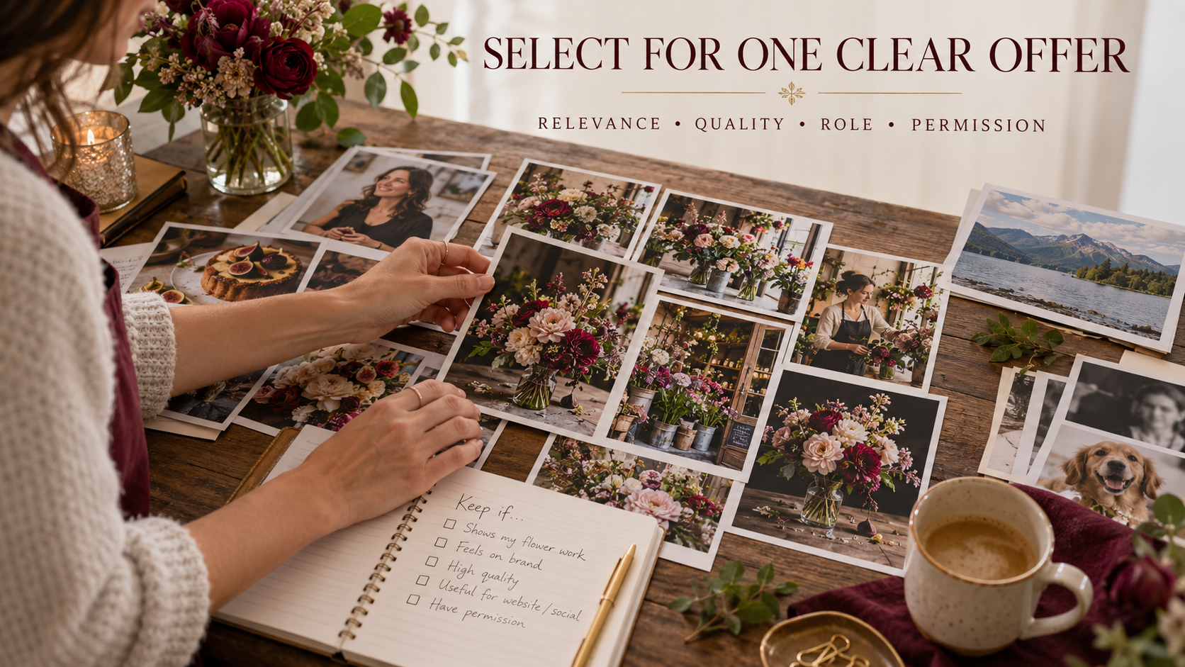 Photography or Video Portfolio. Relevant flower-shop work selected from a group of photographic prints.