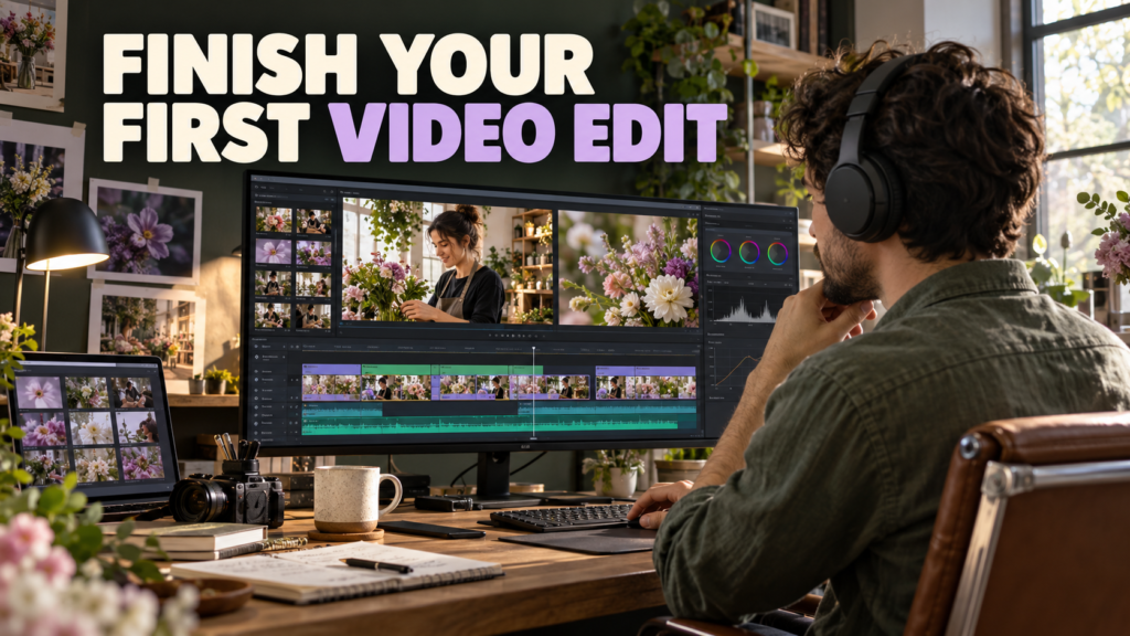 Editor reviewing a populated flower-shop film and timeline at a working desk.