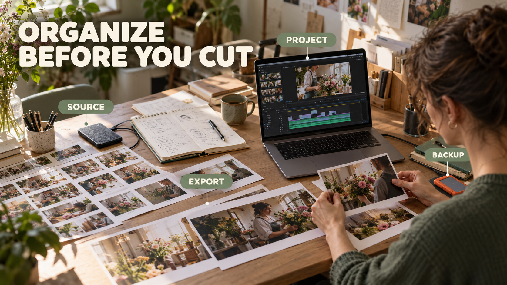 DaVinci Resolve.Footage and frame printouts organized into source, project, export and backup areas.