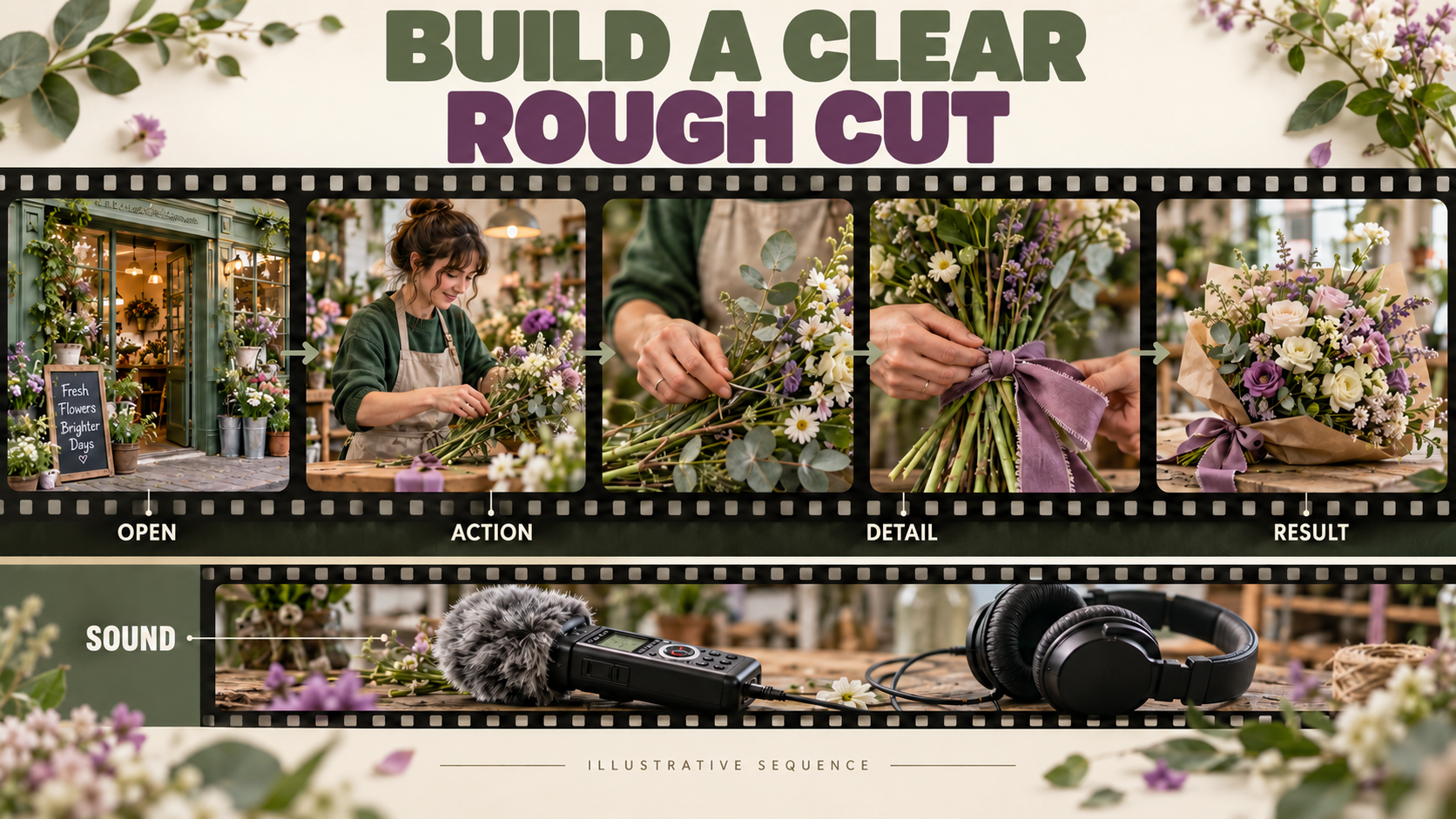 Illustrative flower-shop shot sequence with a separate natural-sound strip.