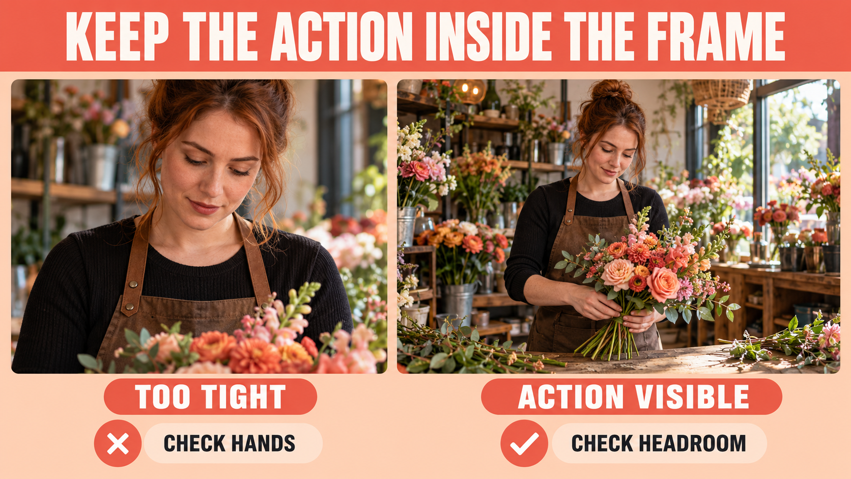 Shoot Vertical Video. Illustrative flower-shop comparison showing clipped hand action beside framing with visible hands and headroom.