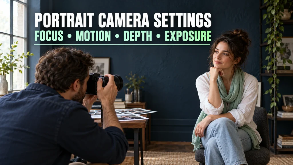 Photographer making a window-light portrait of an adult seated in a modest room.