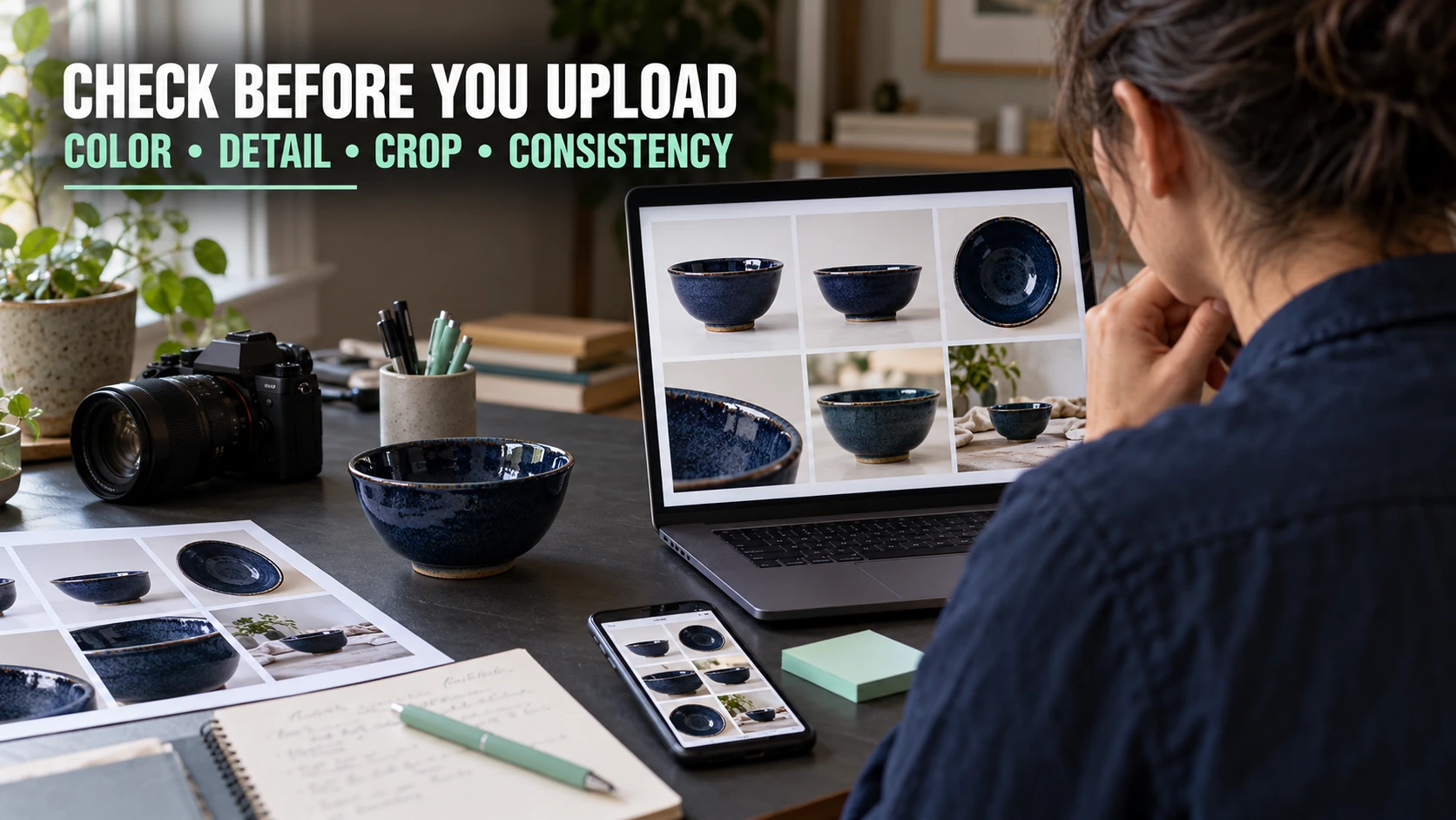 Photographer comparing a real ceramic bowl with finished product images on a laptop, phone and printed sheet.
