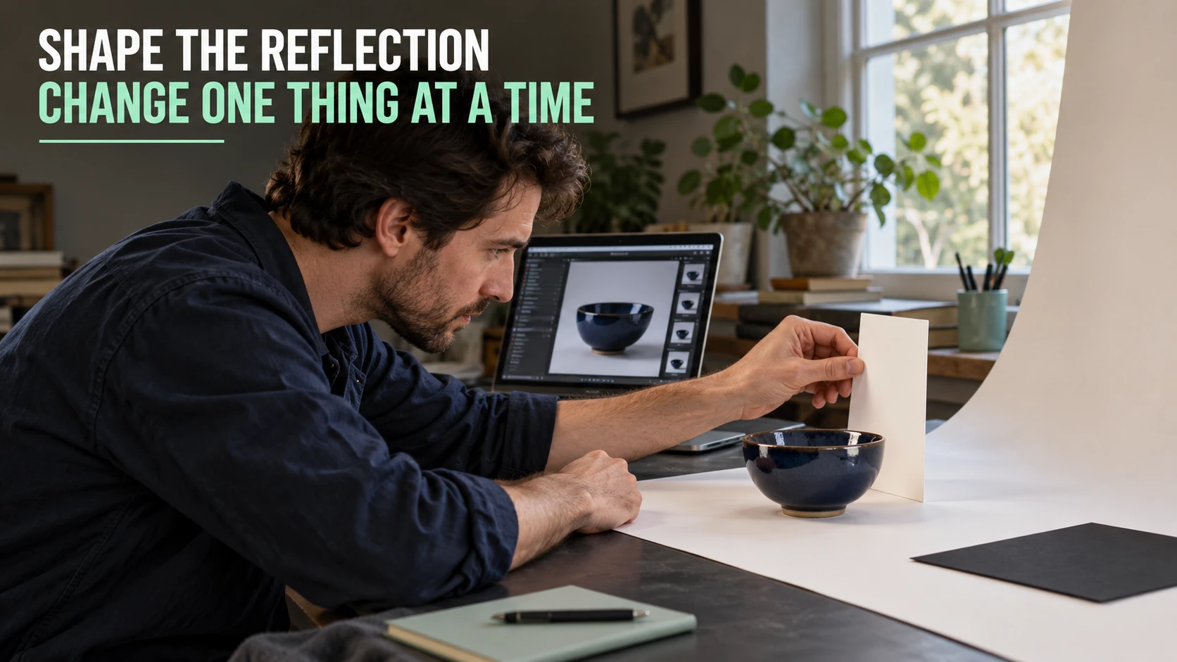 Photographer adjusting a white card beside a glazed bowl while reviewing its reflections in a captured image.