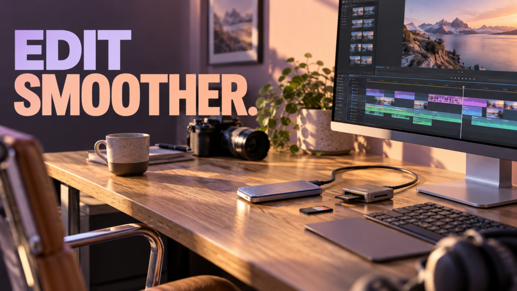 Video editing workstation with a timeline and linked original, proxy and optimized media workflows.