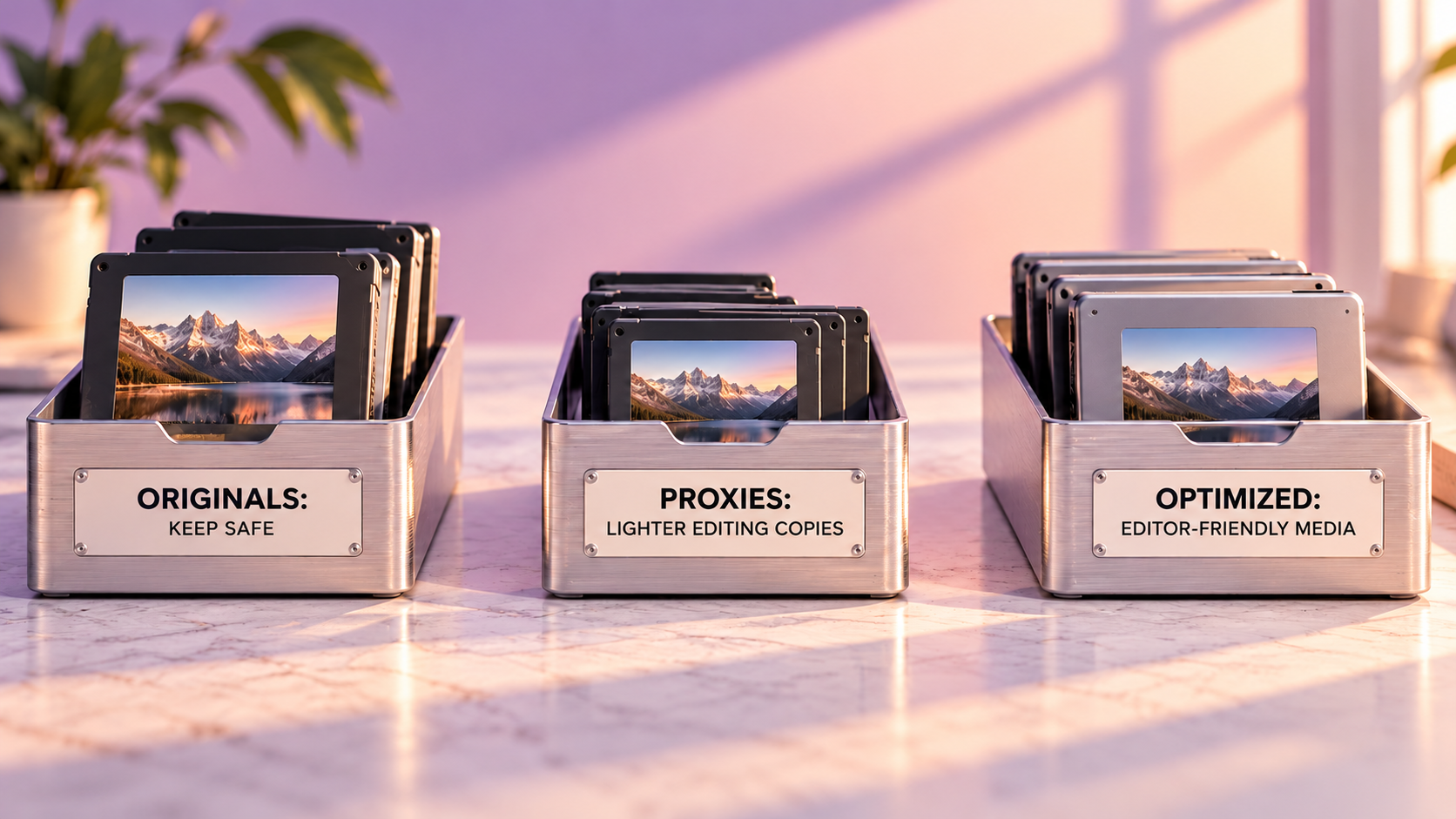 Camera originals, smaller proxy files and optimized media shown as three separate video representations.