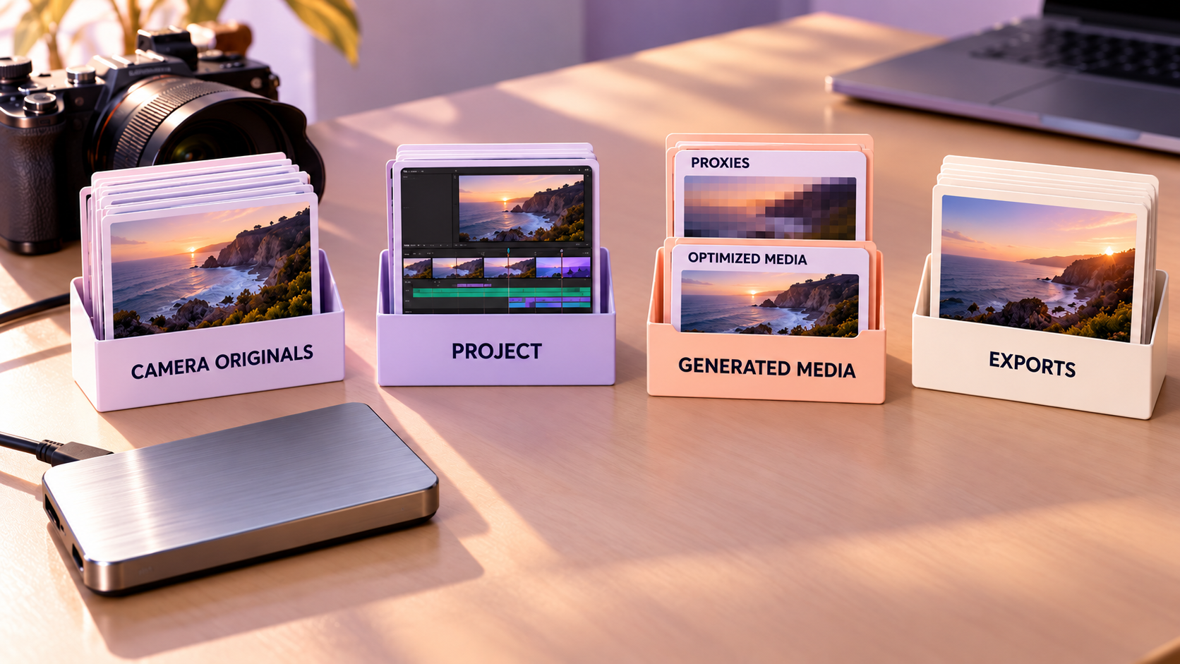 Organized video project folders for camera originals, project files, generated media and exports.