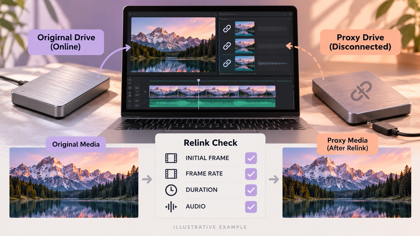 Separate original and proxy media drives with checks for matching frames, frame rate, duration and audio.