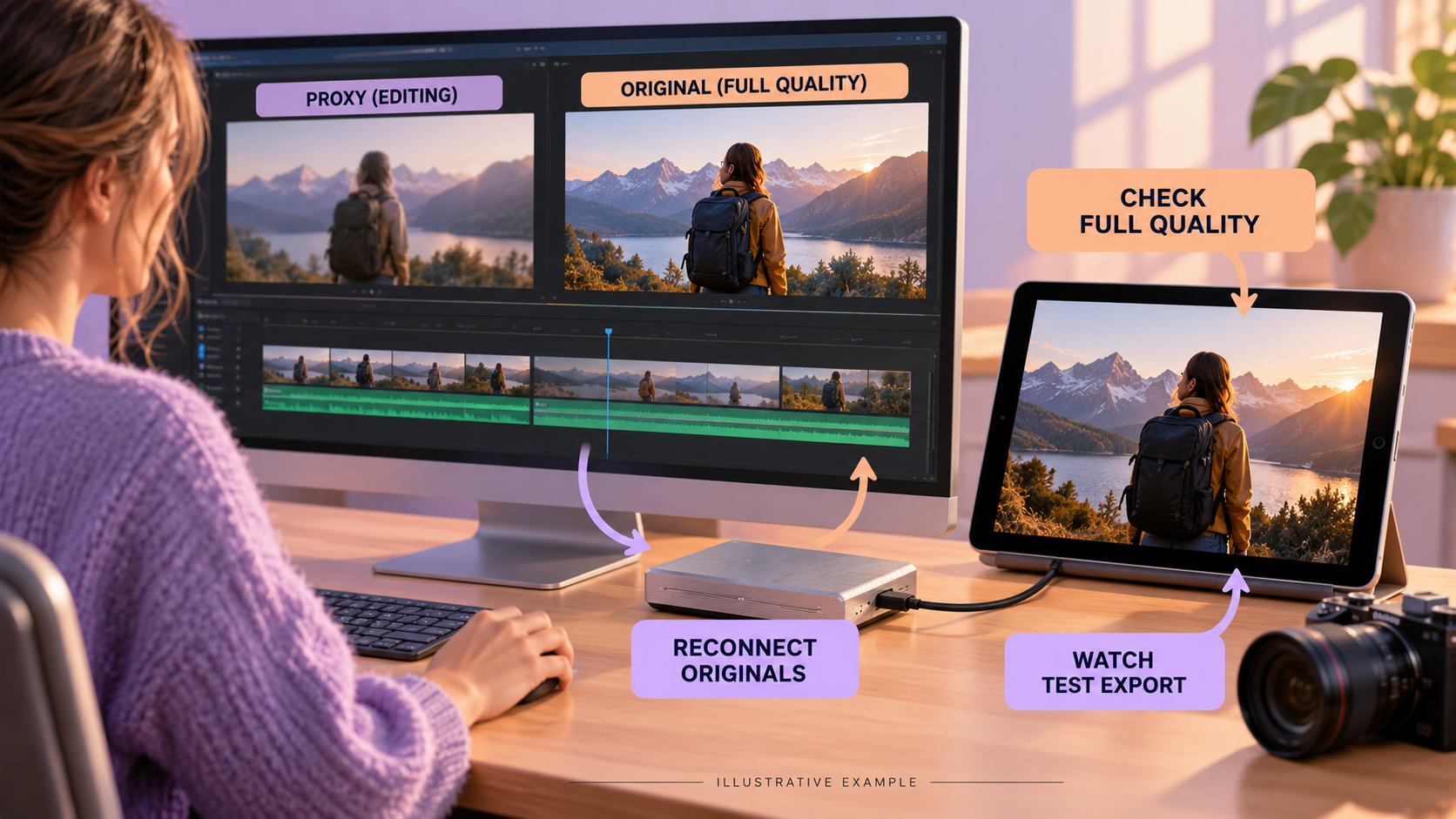 Video delivery workflow showing original footage relinked for full-quality inspection and test export.