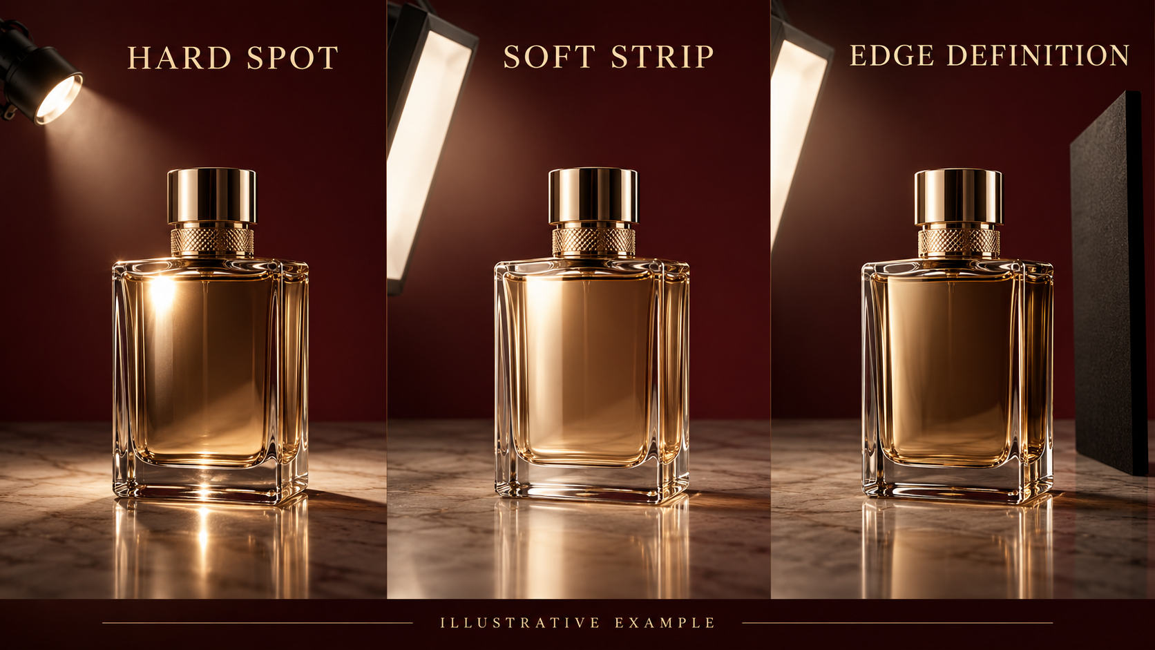 Glass bottle lighting comparison showing how hard highlights and soft light strips change reflections.