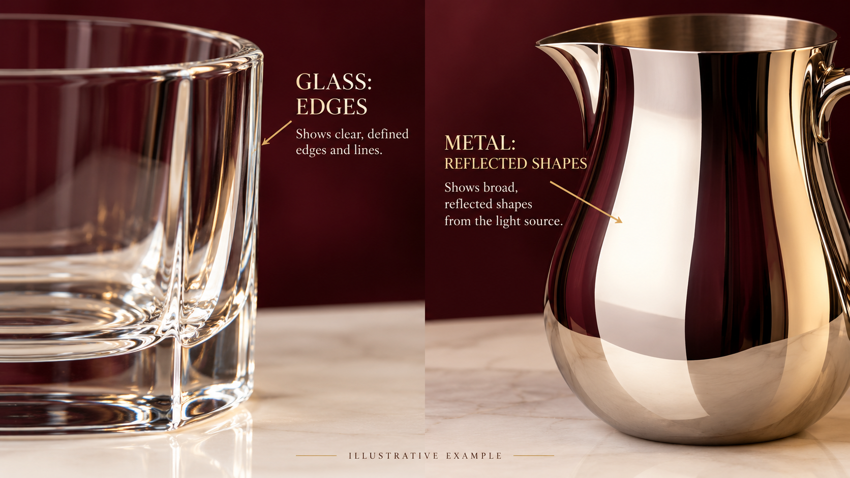Glass edge lighting compared with the reflected light shapes visible on a polished metal object.