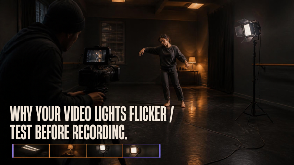 Videographer recording an adult performer while testing rehearsal-room lights.