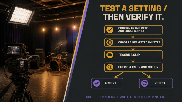 Video lights flicker. Decision path for selecting a shutter candidate and checking the recorded clip.