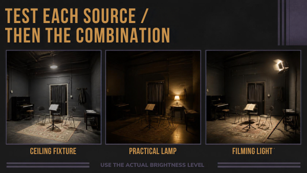 Ceiling fixture, practical lamp and filming light to test separately.