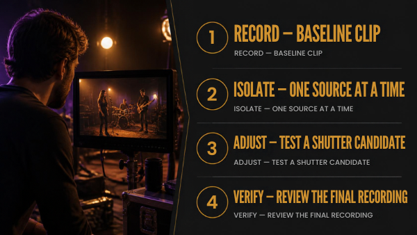 Four-step workflow to record, isolate, adjust and verify a lighting-flicker fix.